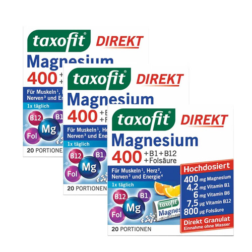 TAXOFIT Magnesium 400+B1+B6+B12+Folsäure 800 Gran. (3x20 St à 2g)